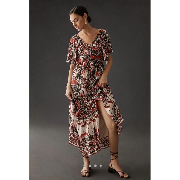 Anthropologie Dresses & Skirts - Anthropologie Tiered Maxi Dress Red‎ Black Multicolor Open Back Flowy size LG